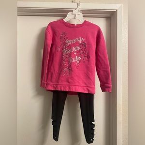 Disney Sweatshirts x2, Black Justice Leggings x1, Girls Size 7